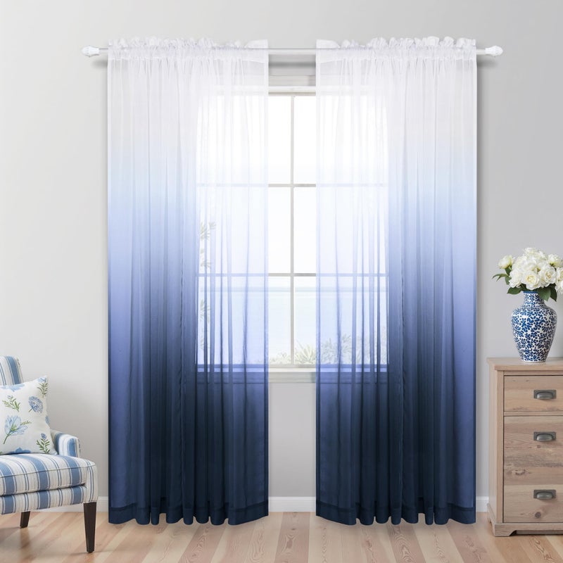 KOUFALL Navy and White Curtains for Living Room Set 2 Panels Rod Pocket Window Ombre Coastal Sheer Curtains for Bedroom Masculine Man's Cave Teen Boys Room Decor Man Christmas 52 x 84 Inches Long Dark Blue - Image 1
